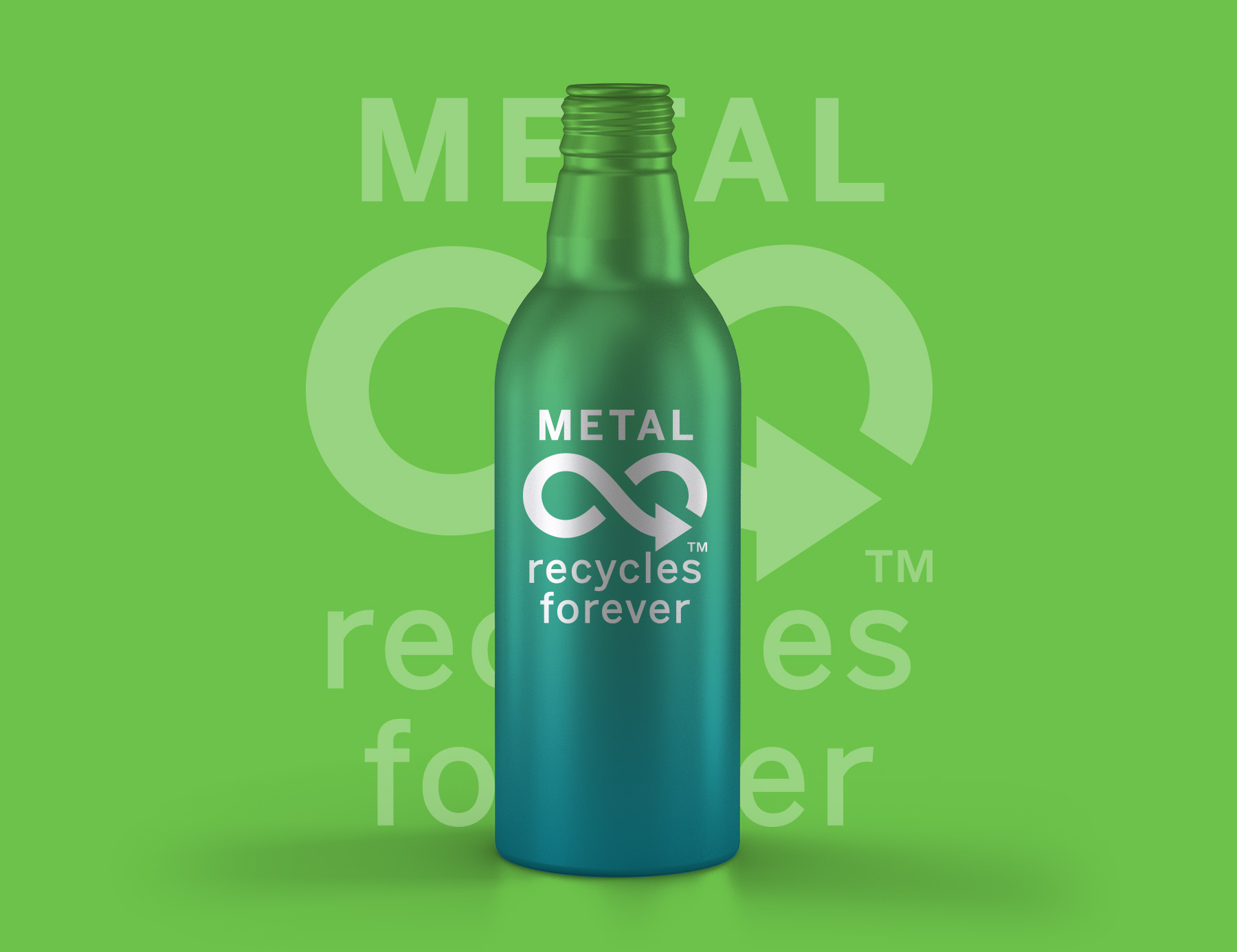 A metal bottle with the 'Metal Recycles Forever' logo printed on it